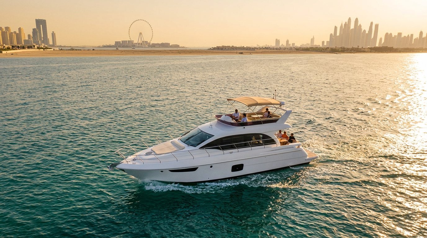 White yacht navigating calm waters along the warm Dubai coastline